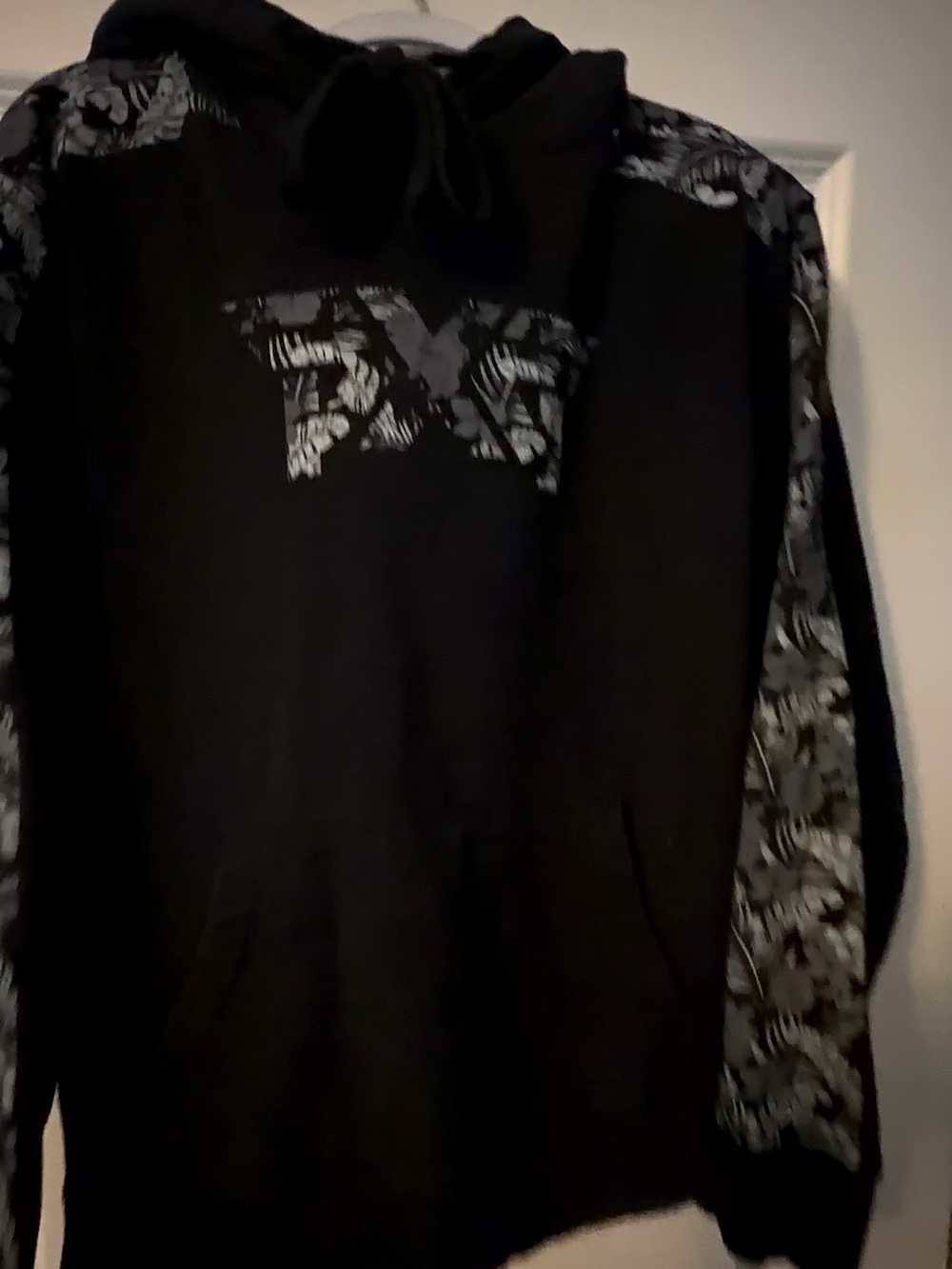 Men's Black Pullover Hoodie with Patterned Sleeve Panels